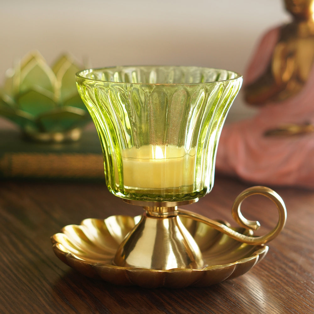Green Ribbed Glass Votive with Metal Base and Handle