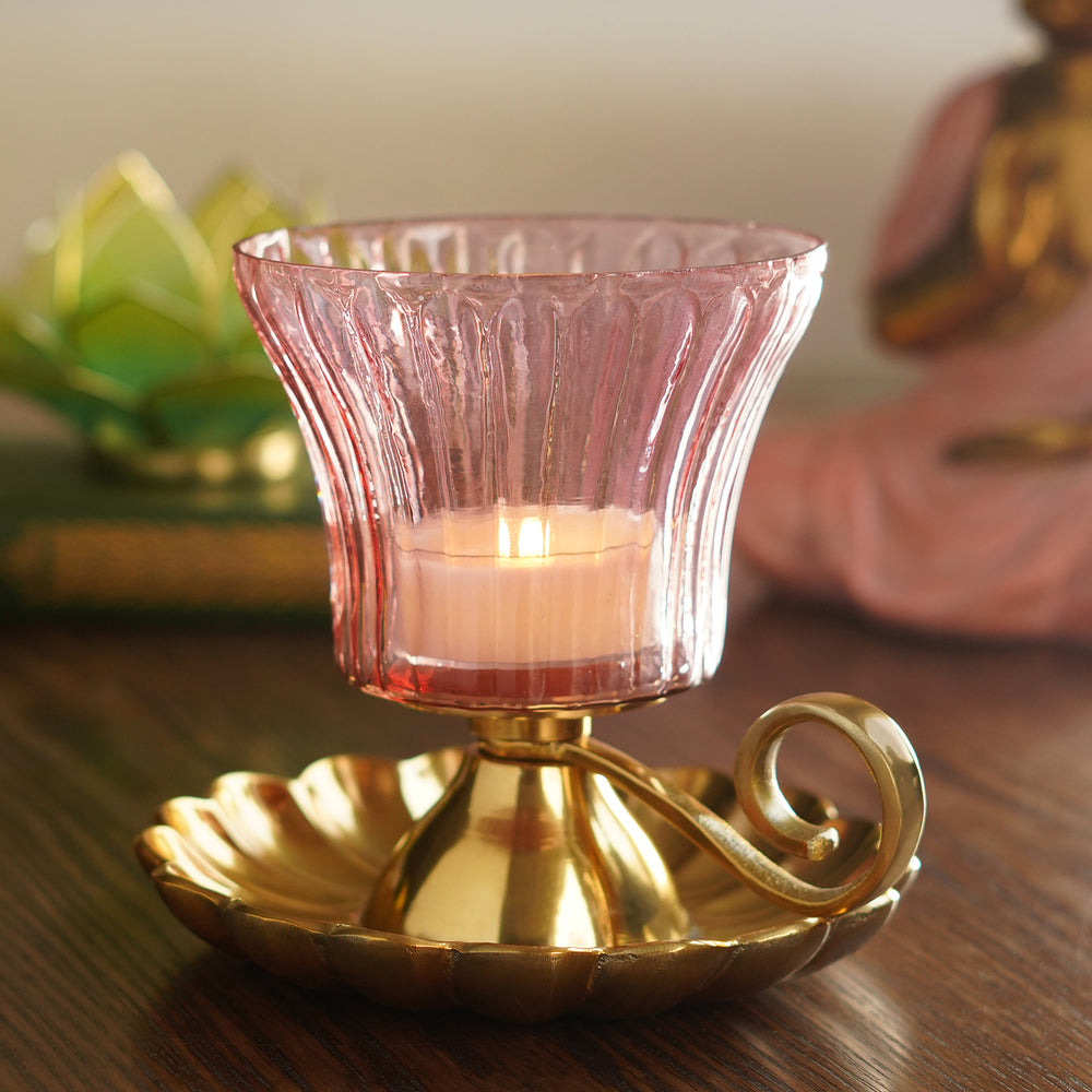 Pink Ribbed Glass Votive with Metal Base and Handle