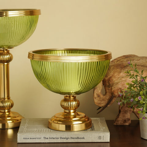 Green Ribbed Decorative Glass Bowl with Stand - Small