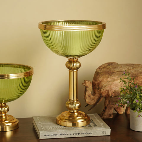 Green Ribbed Decorative Glass Bowl with Stand - Large