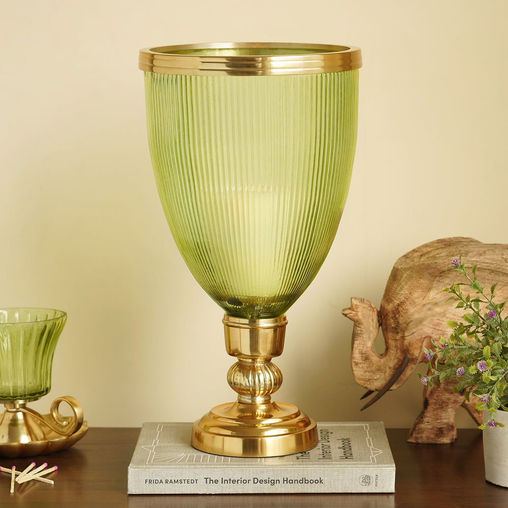 Green Ribbed Tall Glass Hurricane with Stand