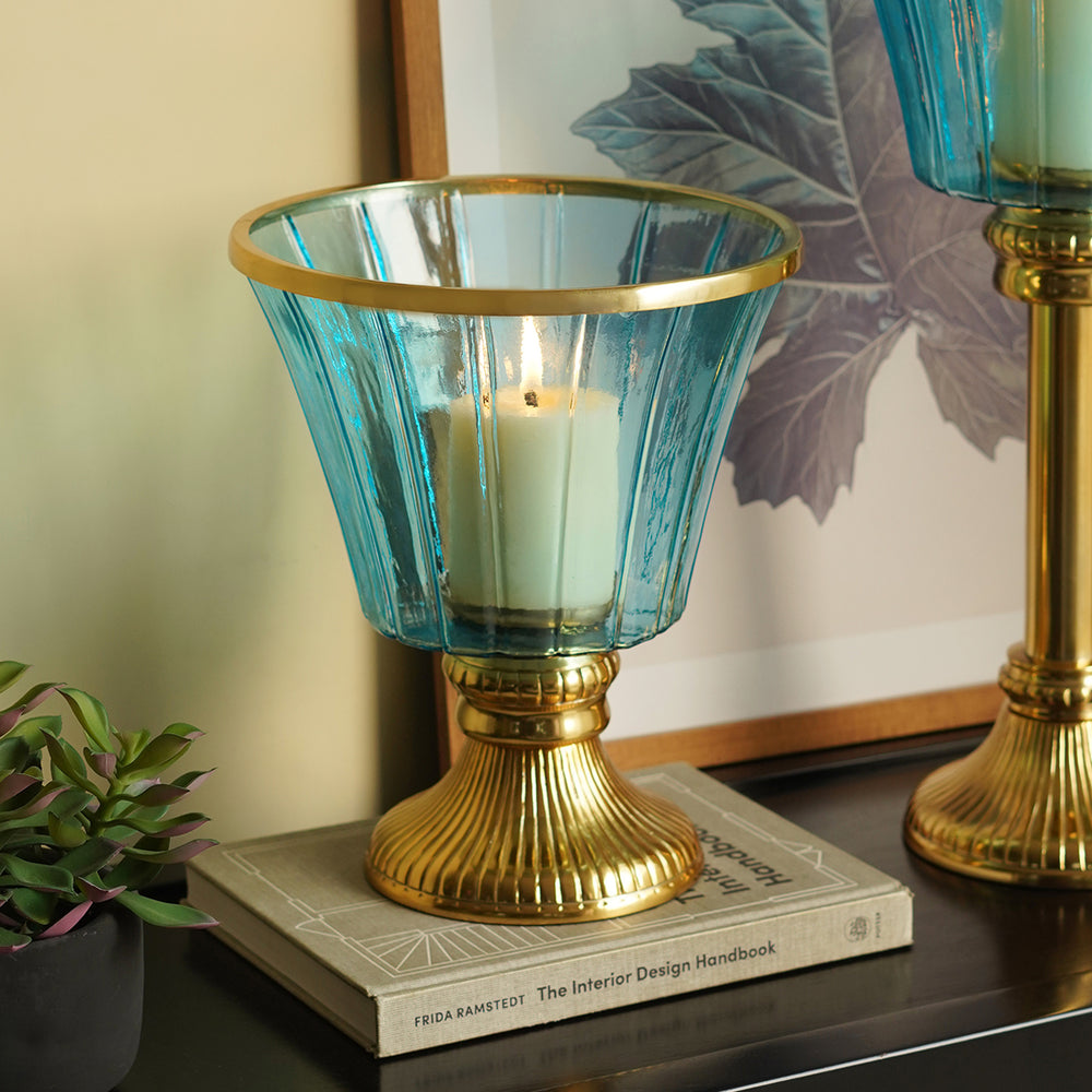 Blue Glass Hurricane with Stand - Small