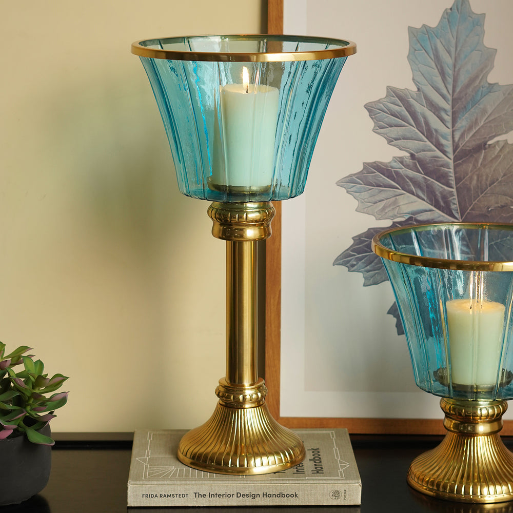 Blue Glass Hurricane with Tall Stand - Large