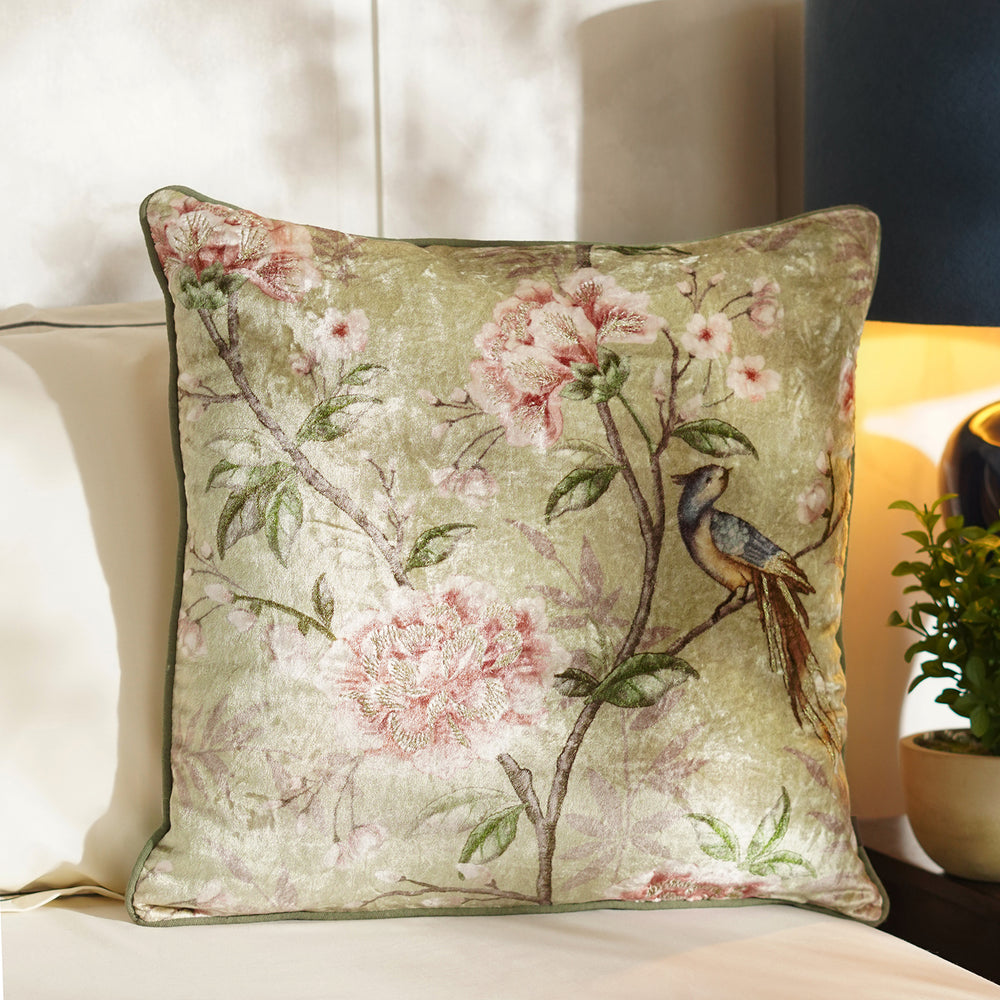Green Floral Digital Print Velvet Square Cushion Cover