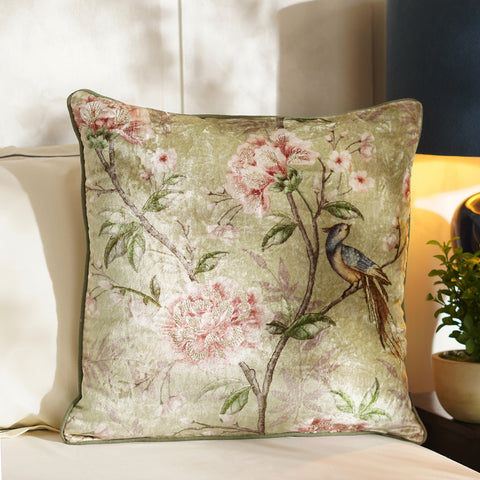 Green Floral Digital Print Velvet Square Cushion Cover