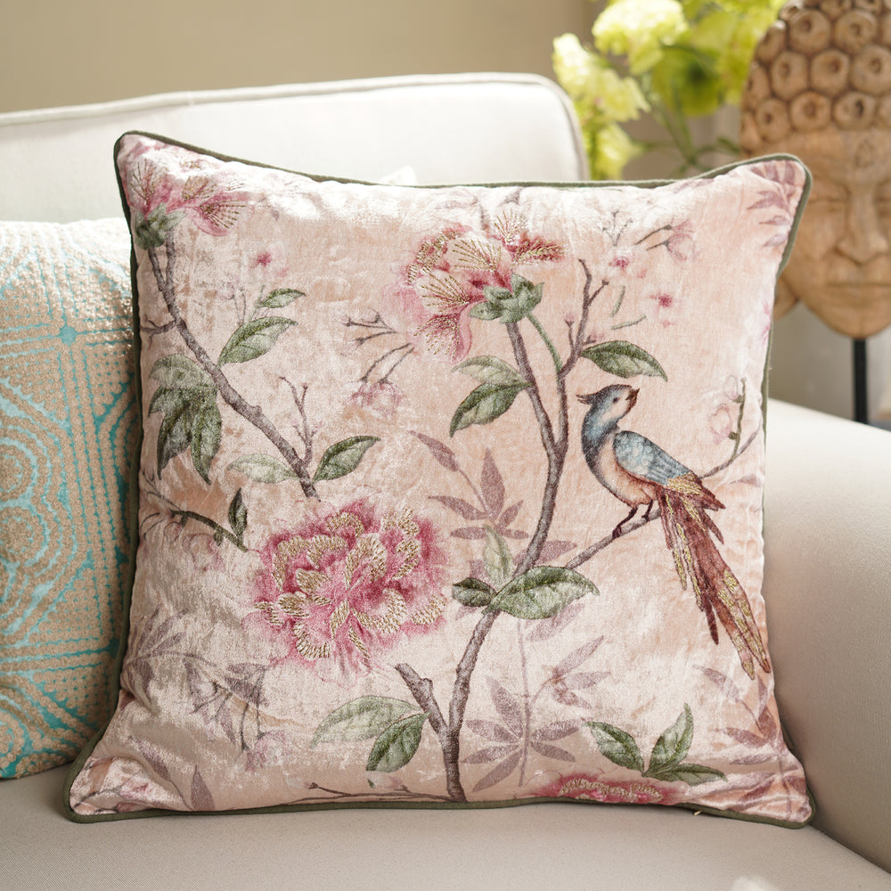 Pink Floral Digital Print Velvet Square Cushion Cover