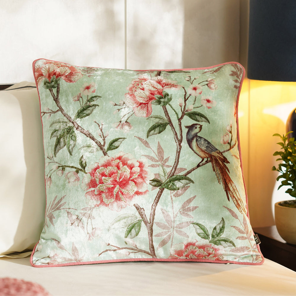 Blue Floral Digital Print Velvet Square Cushion Cover