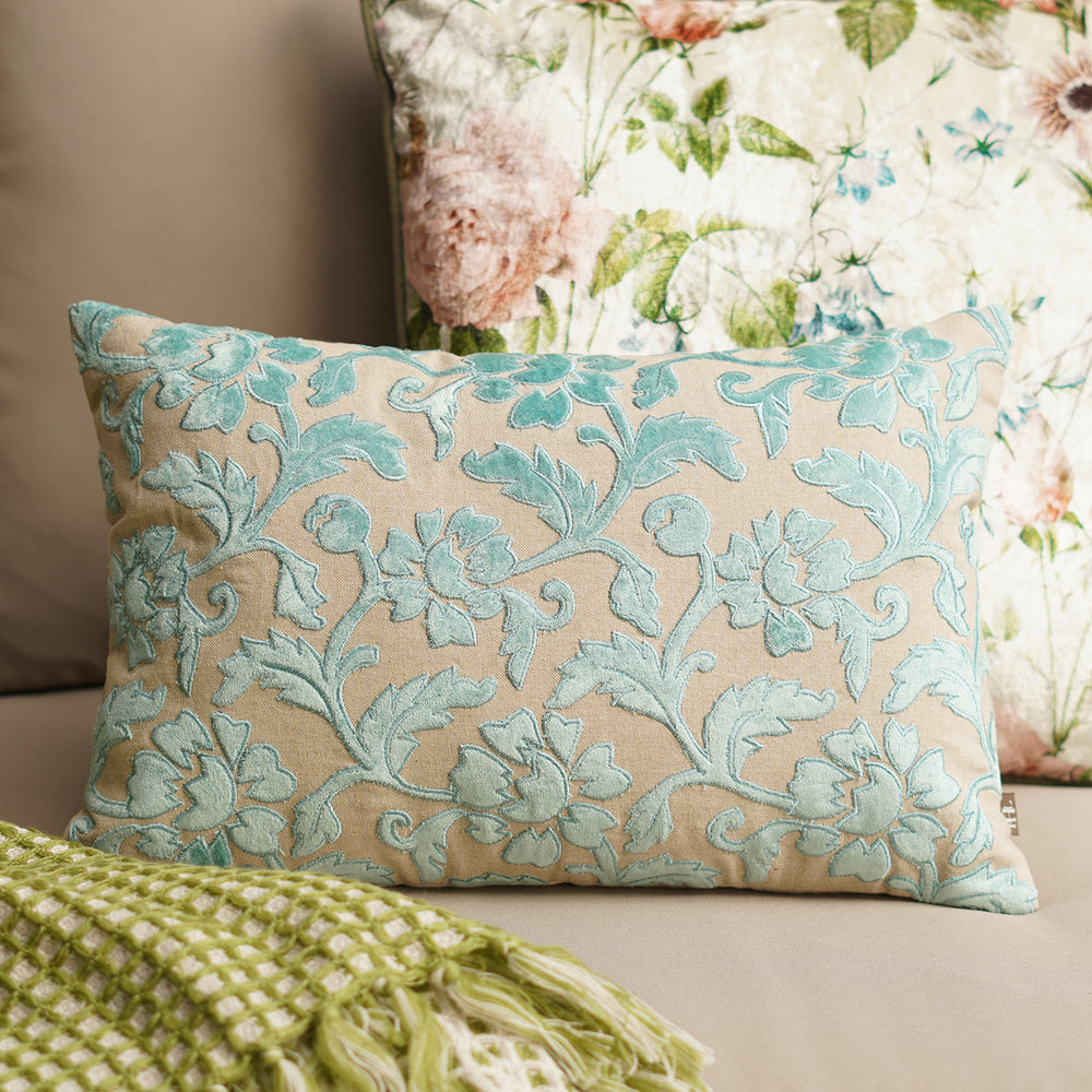 Beige and Blue Applique Work Rectangular Cushion Cover