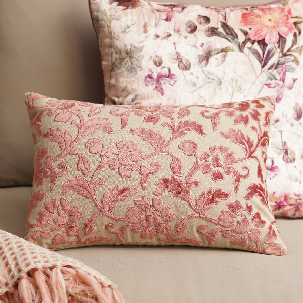 Beige and Pink Applique Work Rectangular Cushion Cover