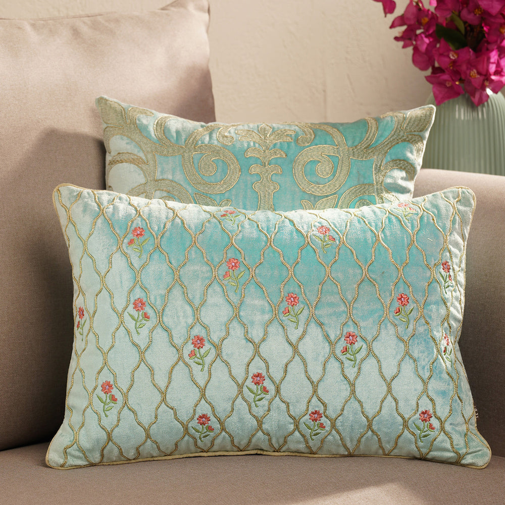 Blue Embroidered Velvet Rectangular Cushion Cover
