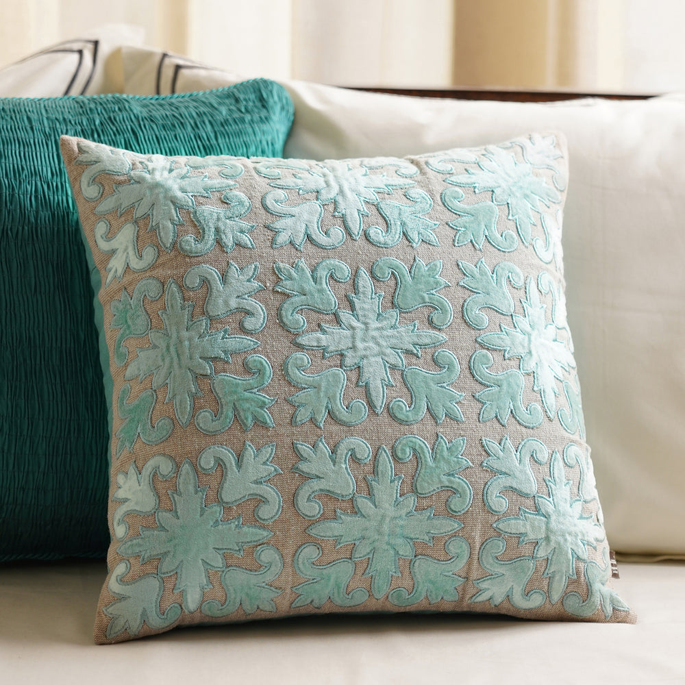 Blue Velvet Applique Work Cushion Cover