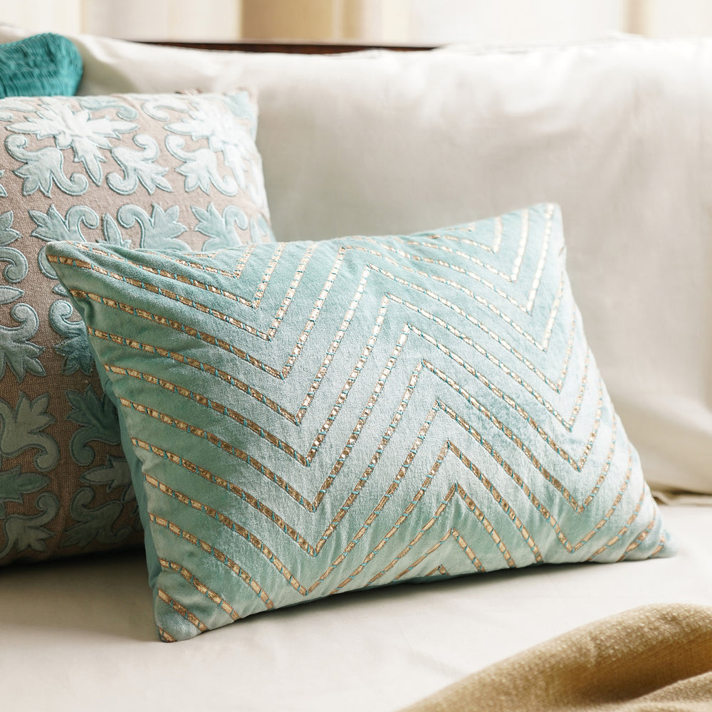 Blue Gotta Patti Embroidery Velvet Cushion Cover