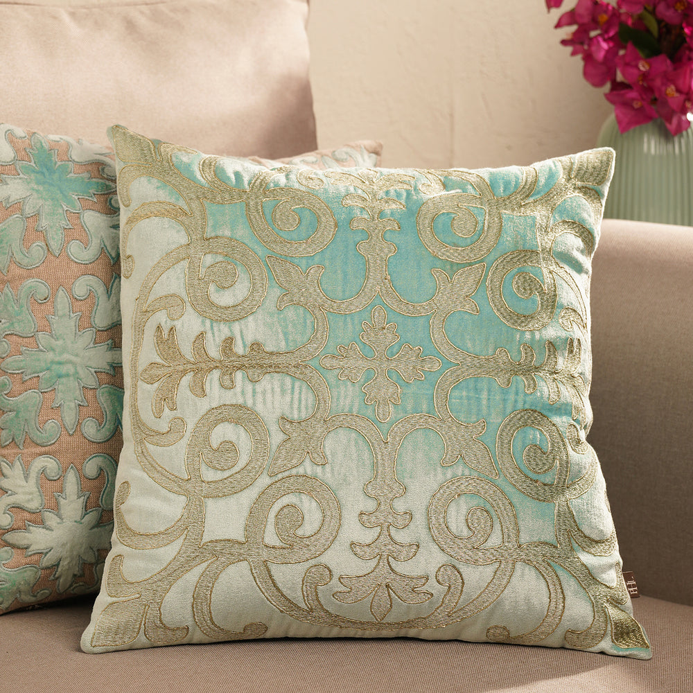 Blue Zari Embroidered Velvet Cushion Cover