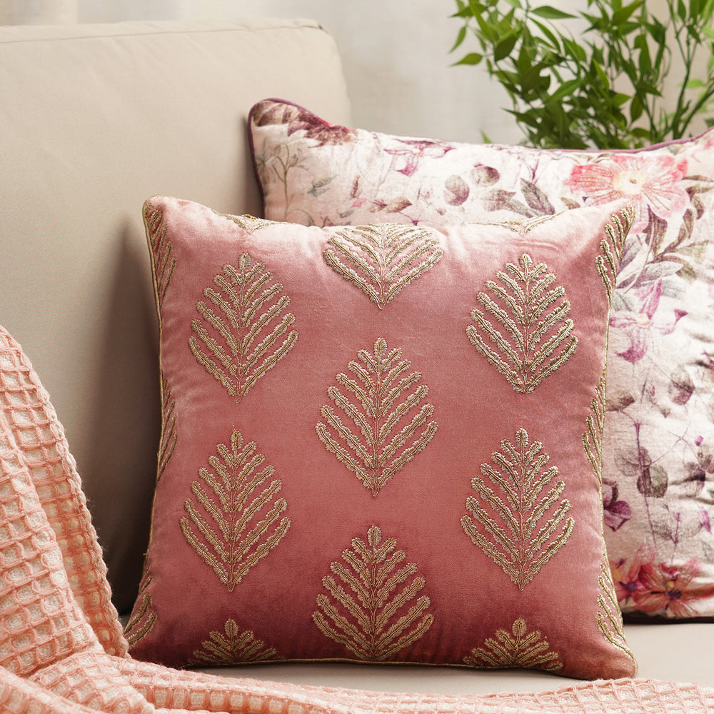 Pink Leaf Motif Embroidered Cushion Cover
