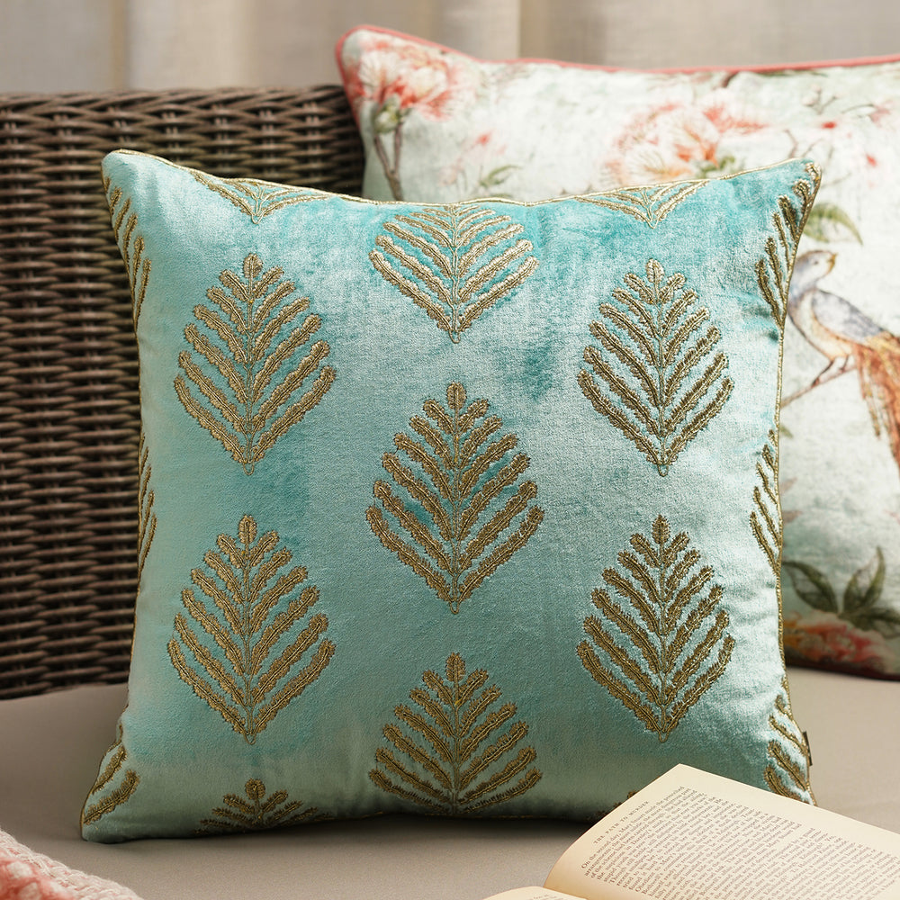 Blue Leaf Motif Embroidered Cushion Cover