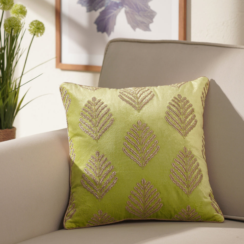 Green Leaf Motif Embroidered Cushion Cover
