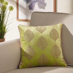Green Leaf Motif Embroidered Cushion Cover