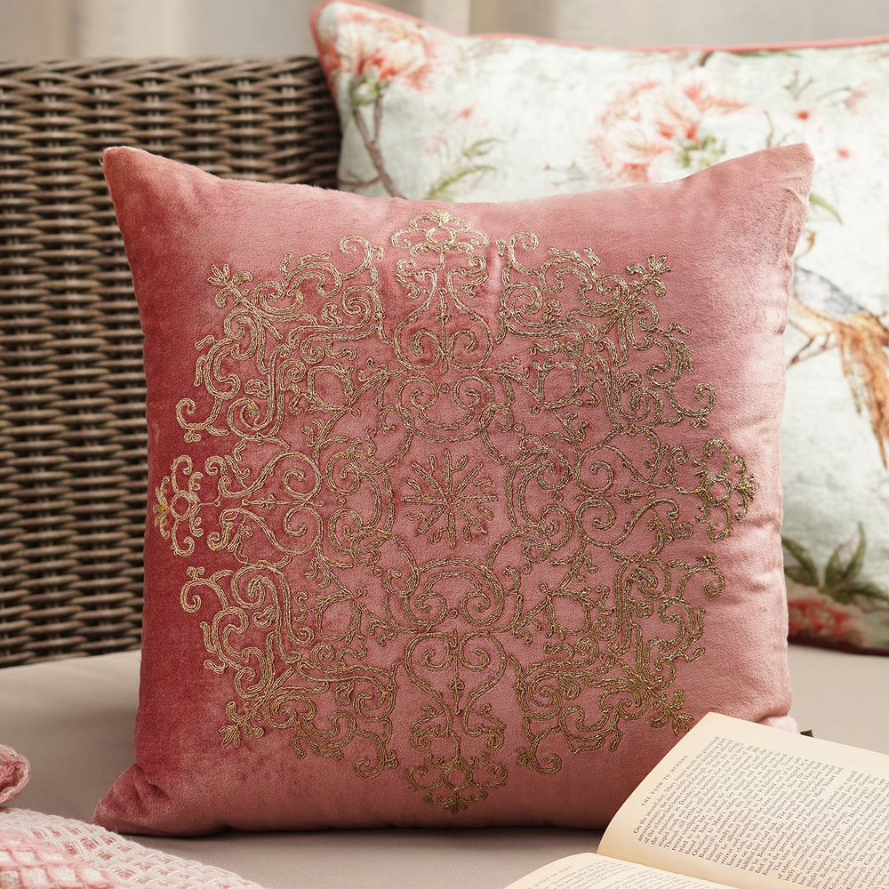Pink Embroidered Square Cushion Cover