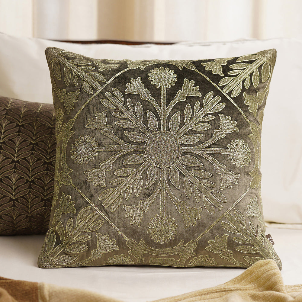 Brown Zari Embroidered Velvet Cushion Cover