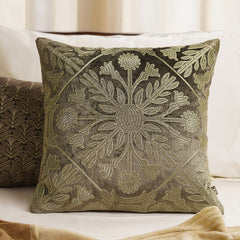 Brown Zari Embroidered Velvet Cushion Cover
