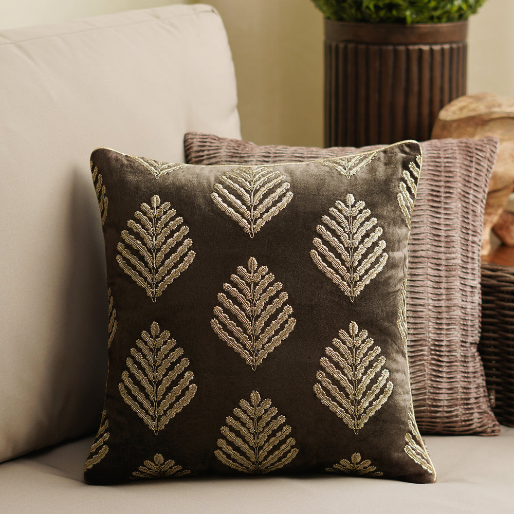 Dark Brown Leaf Embroidered Square Cushion Cover