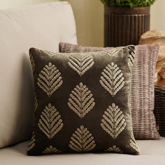 Dark Brown Leaf Embroidered Square Cushion Cover
