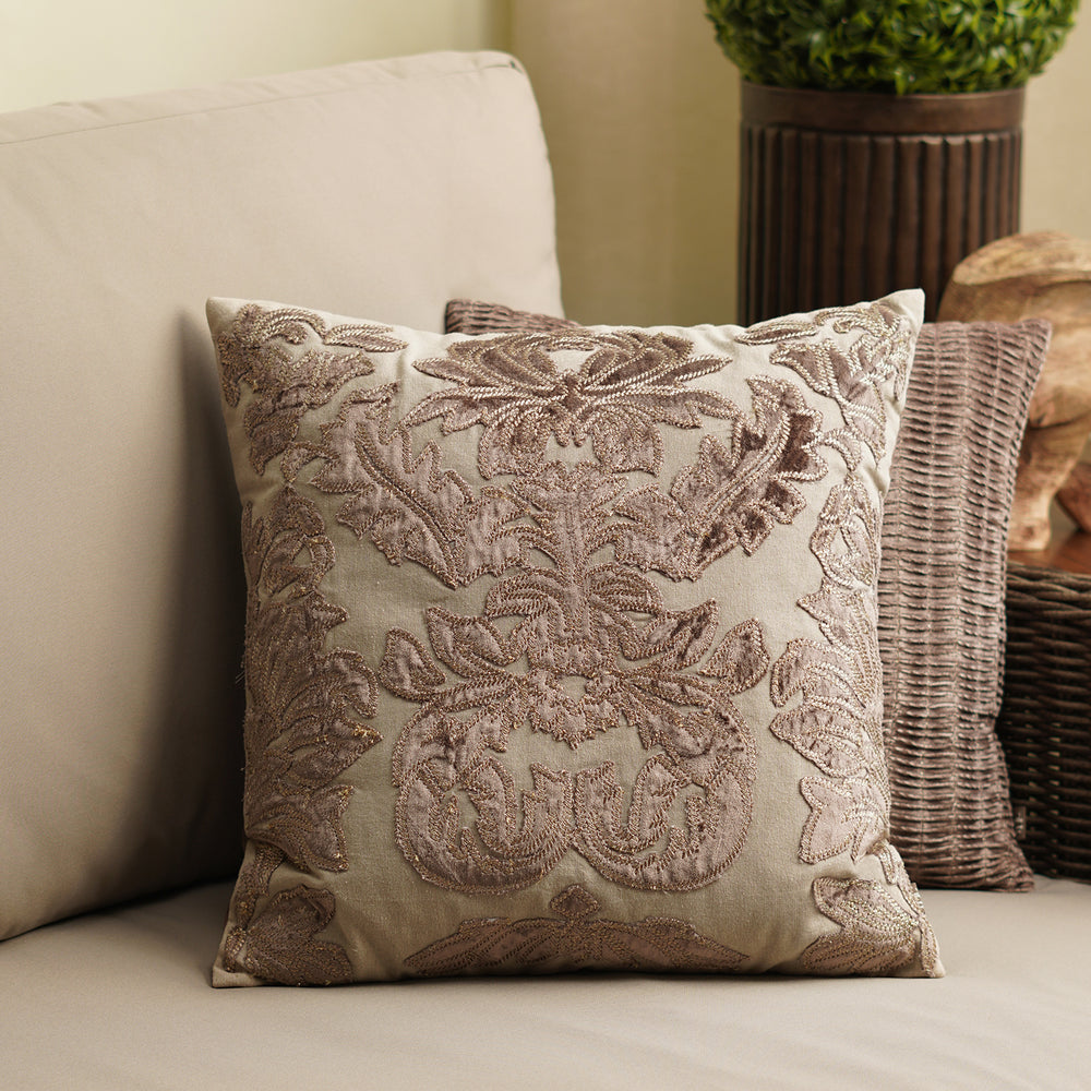 Brown Applique Work Square Cushion Cover