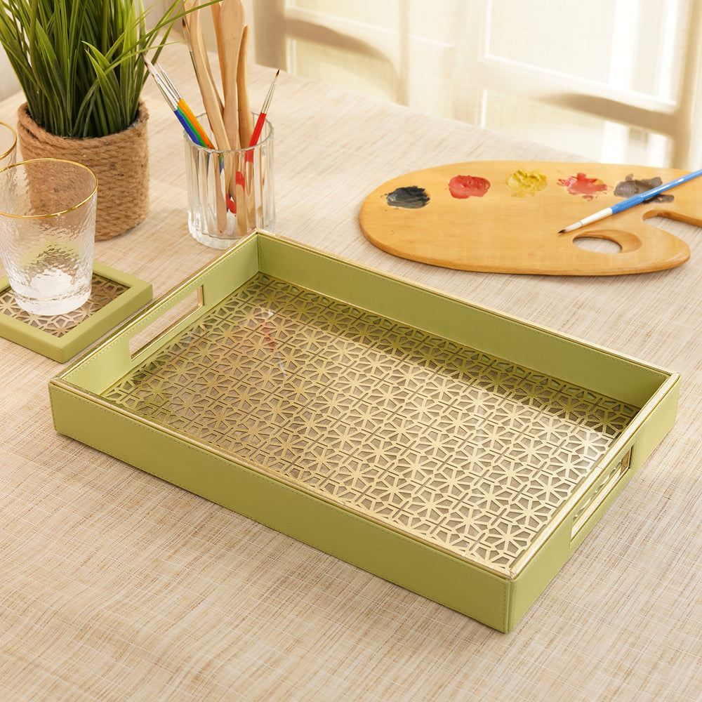 Green and Gold Dual Toned Rectangle Faux Leather Tray