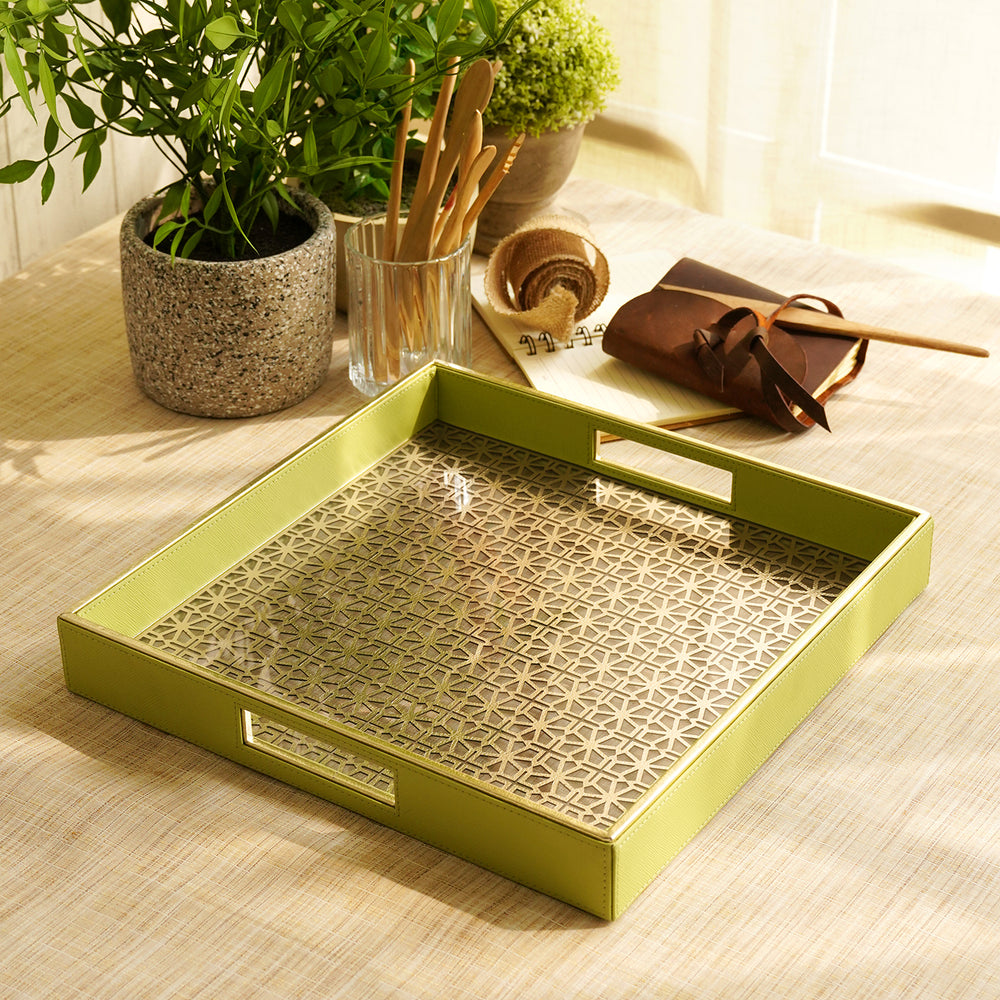 Green and Gold Dual Toned Square Faux Leather Tray