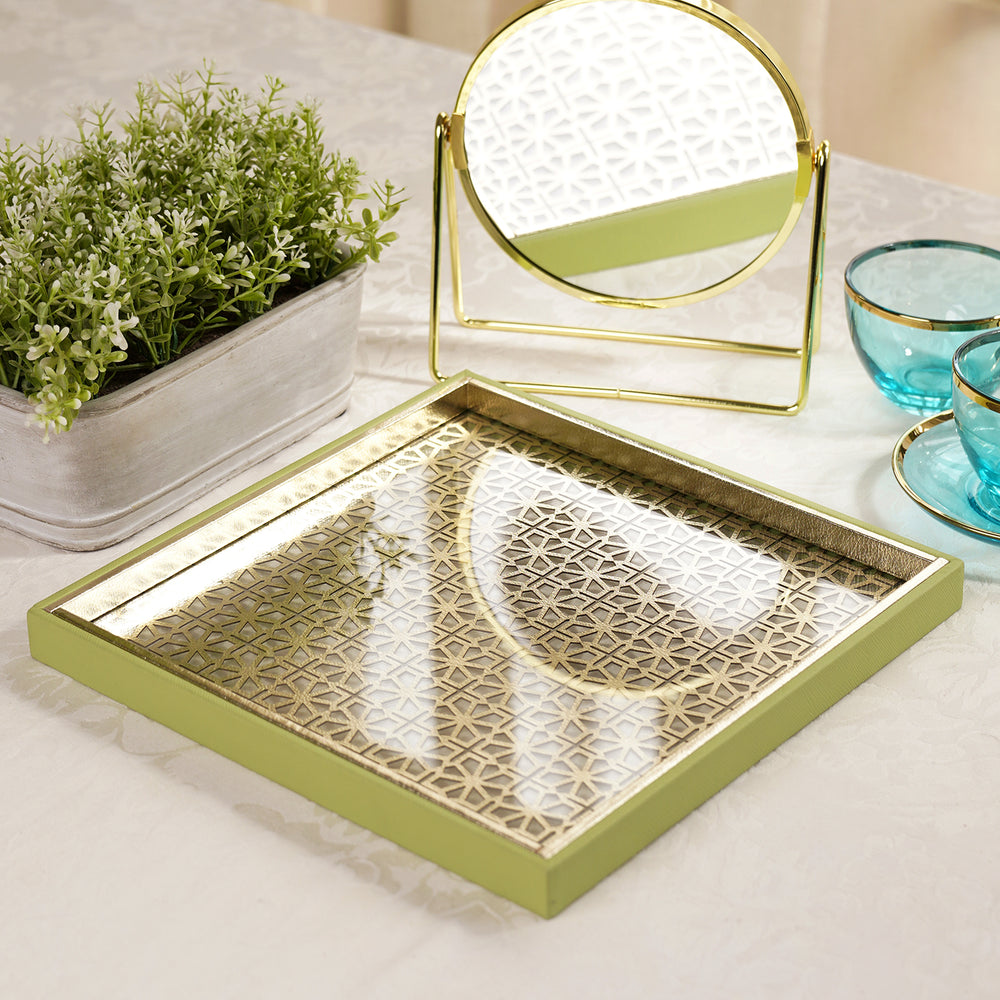 Green and Gold Dual Toned Faux Leather Platter - Large