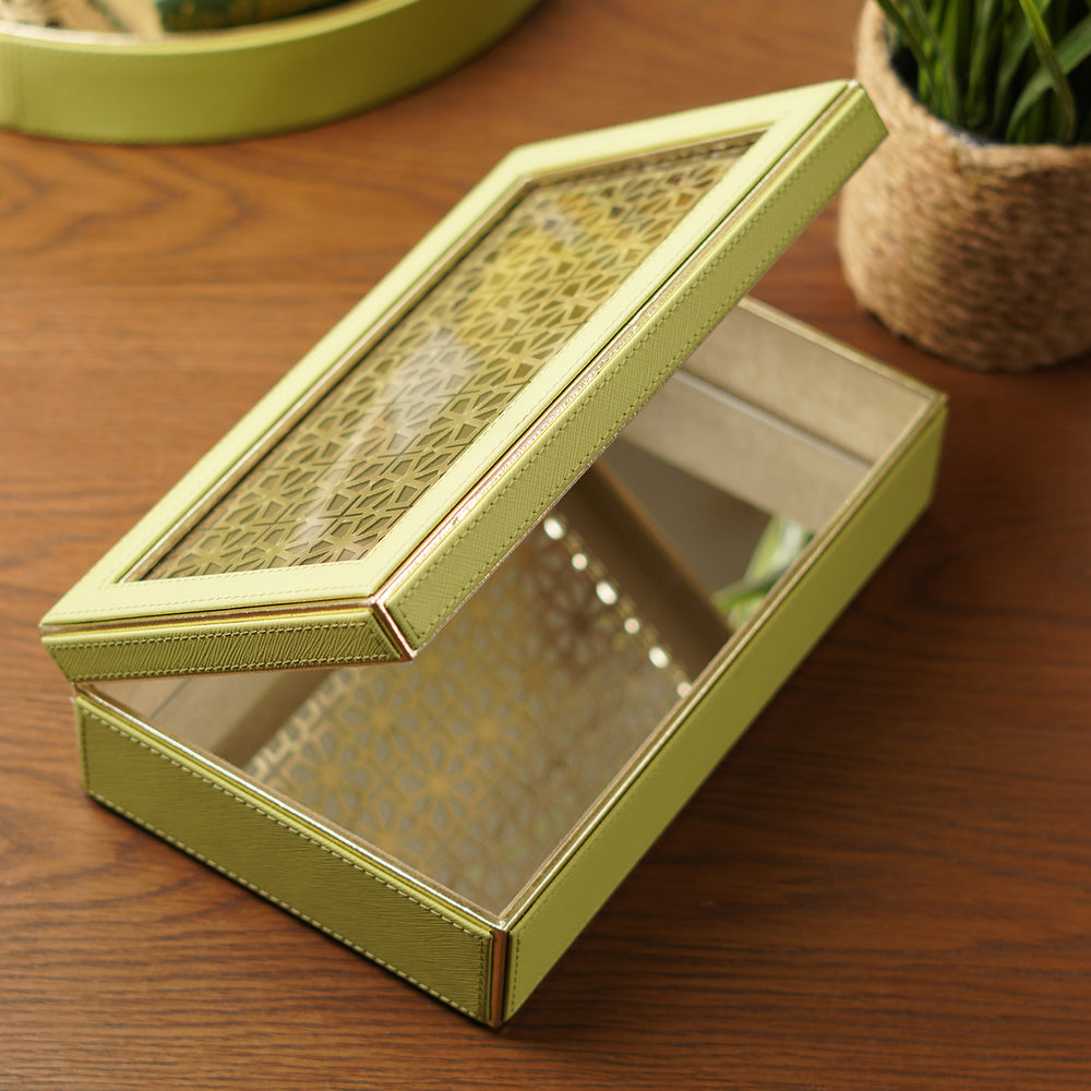 Green and Gold Faux Leather Box with Lazer Cut Glass Lid