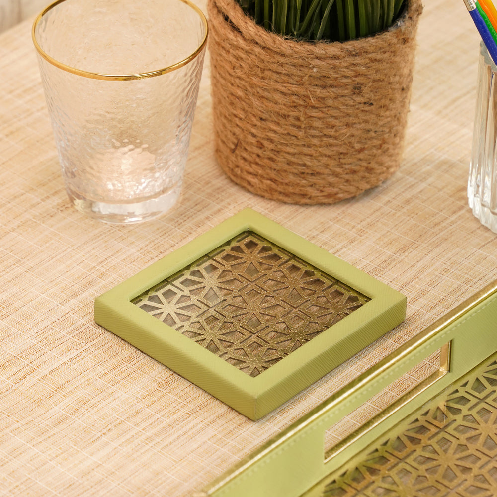 Green and Gold Dual Toned Faux Leather Coaster