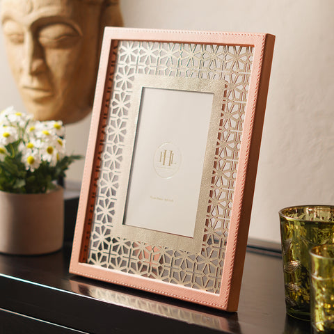 Pink and Gold Lazer Cut Faux Leather Photo Frame