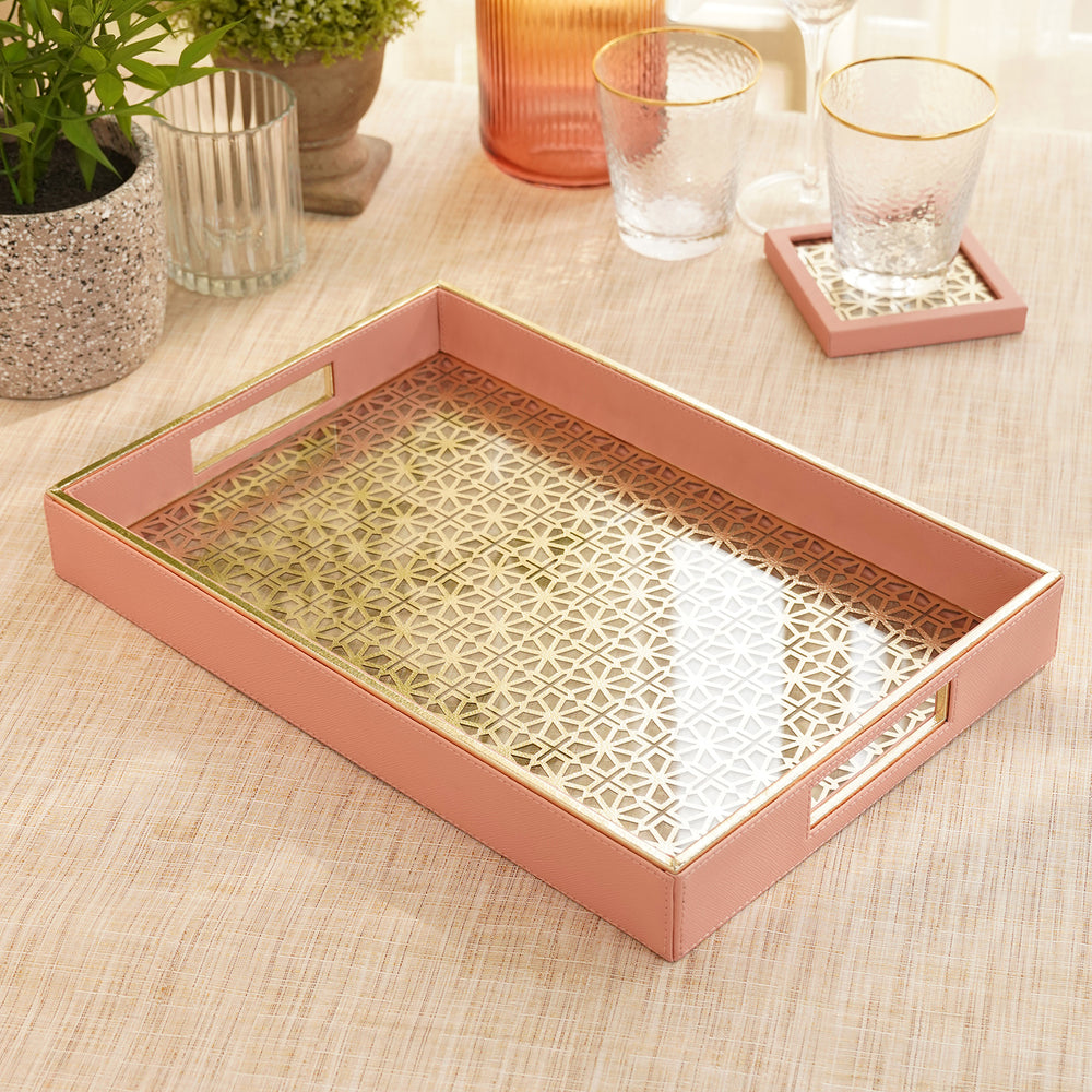 Pink and Gold Dual Toned Rectangle Faux Leather Tray