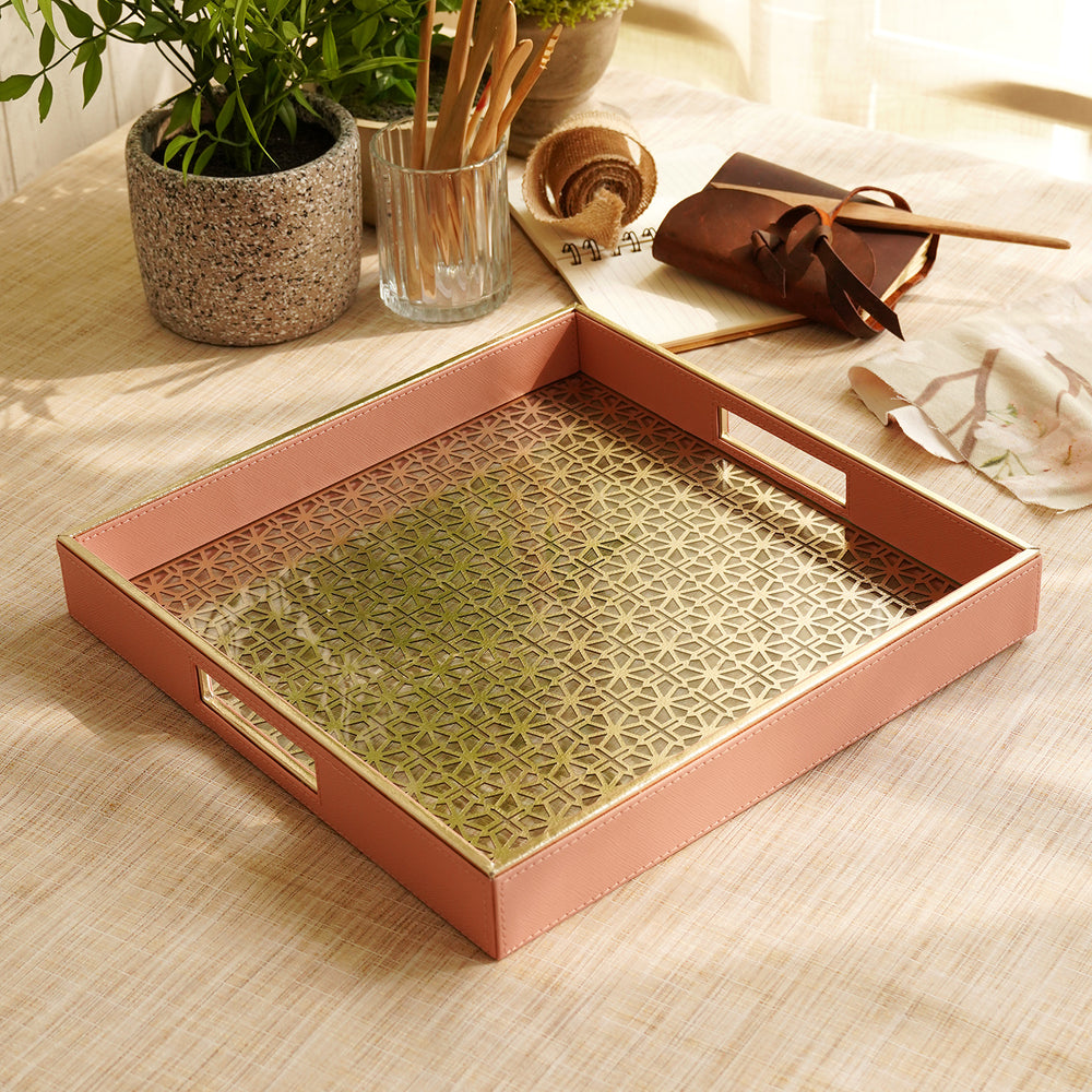 Pink and Gold Dual Toned Square Faux Leather Tray