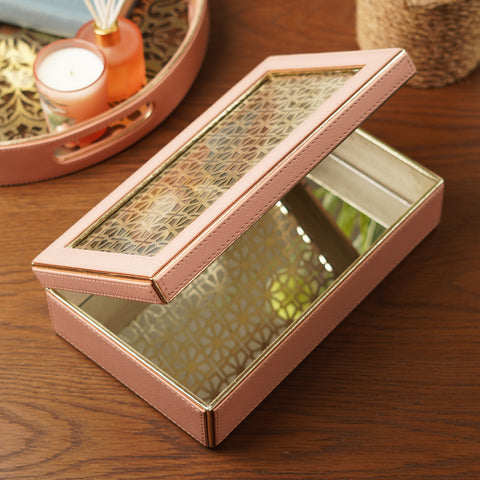 Pink and Gold Faux Leather Box with Lazer Cut Glass Lid