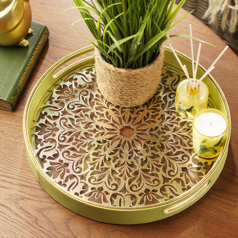 Green and Gold Dual Toned Round Faux Leather Tray