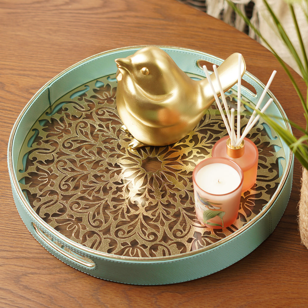 Blue and Gold Dual Toned Round Faux Leather Tray