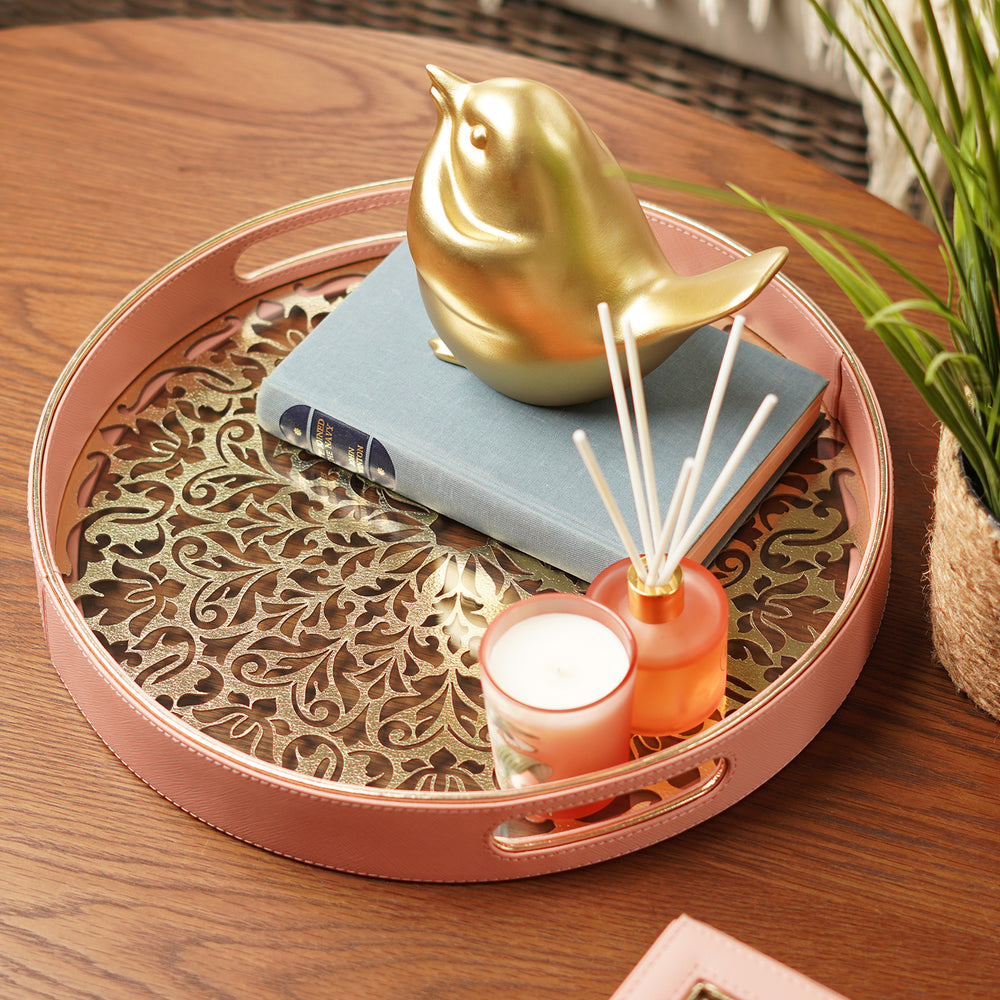 Pink and Gold Dual Toned Round Faux Leather Tray