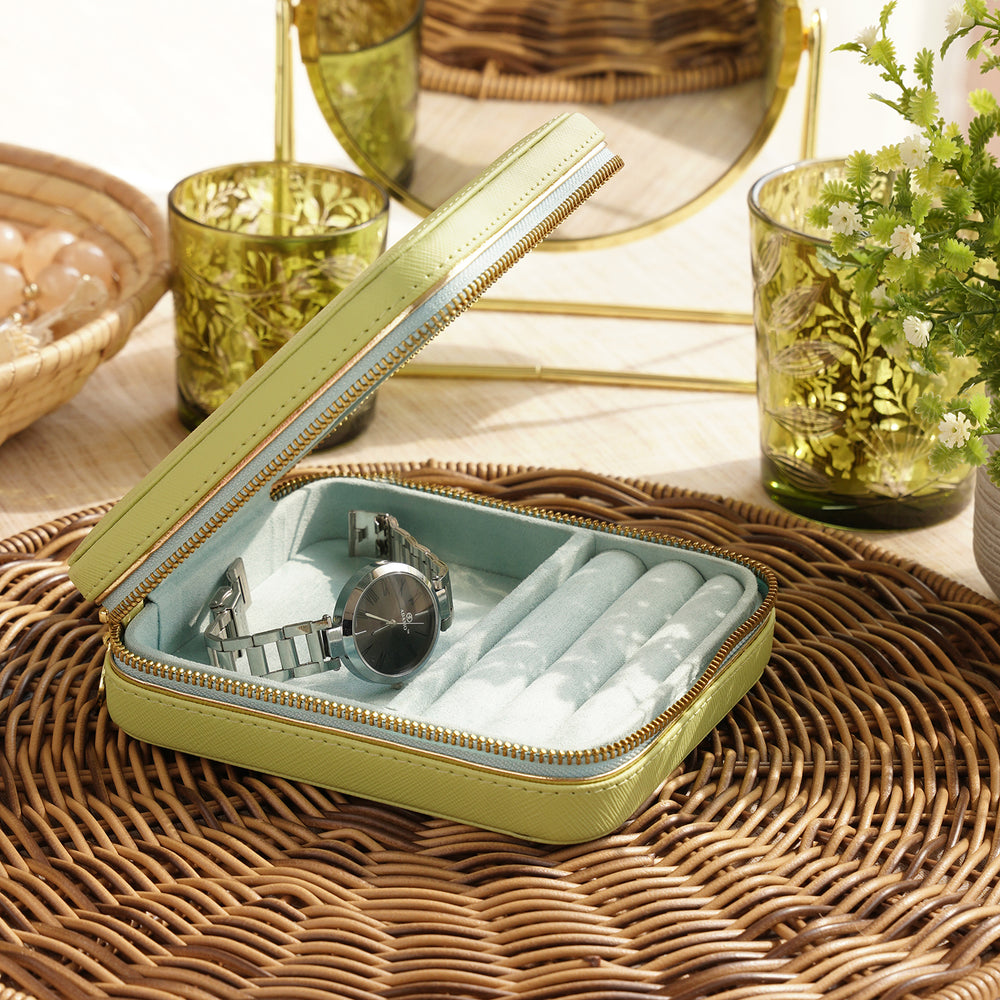 Green Square Faux Leather Travel Jewellery Box