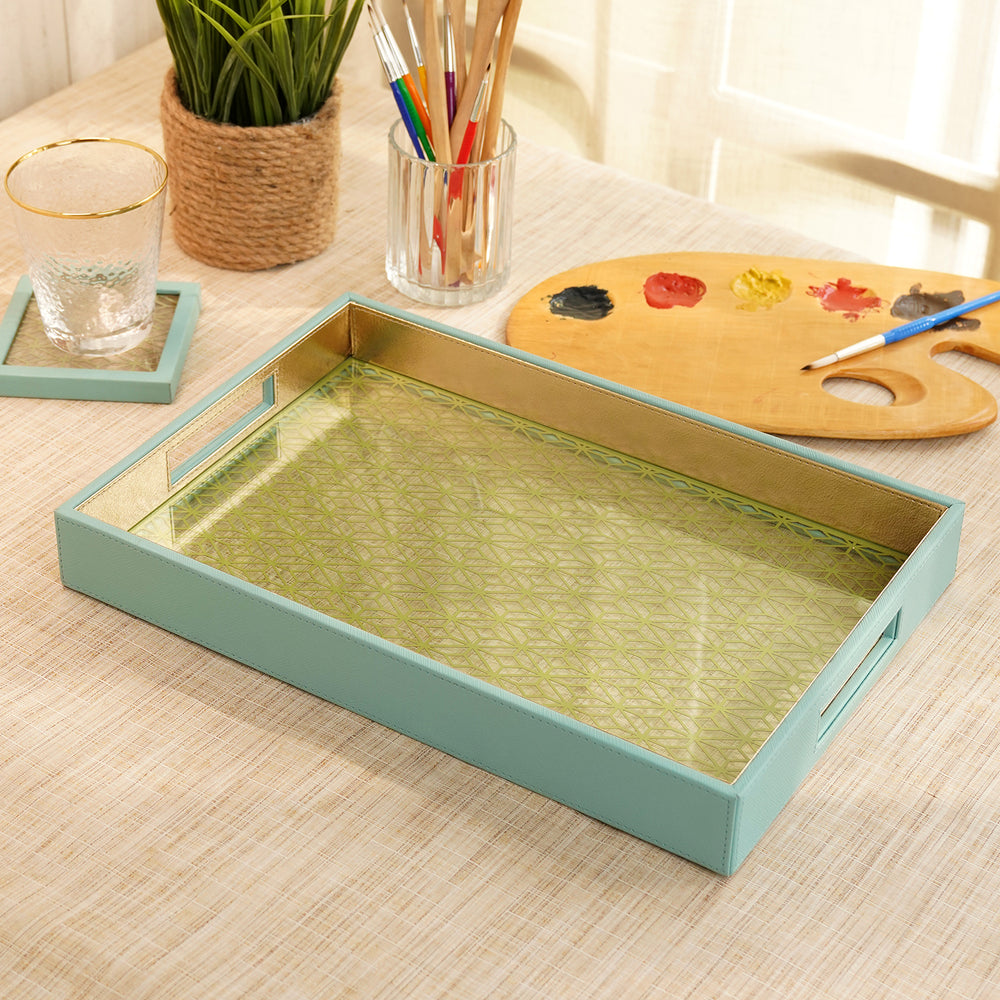 Blue and Green Dual Toned Rectangle Faux Leather Tray