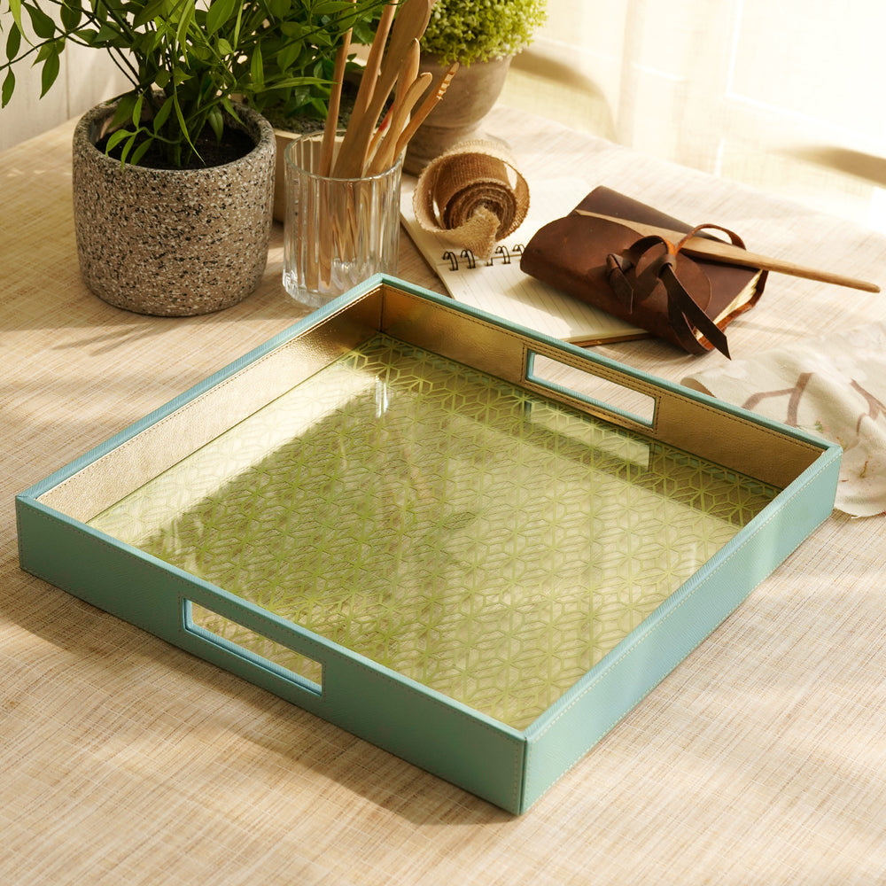 Blue and Green Dual Toned Square Faux Leather Tray