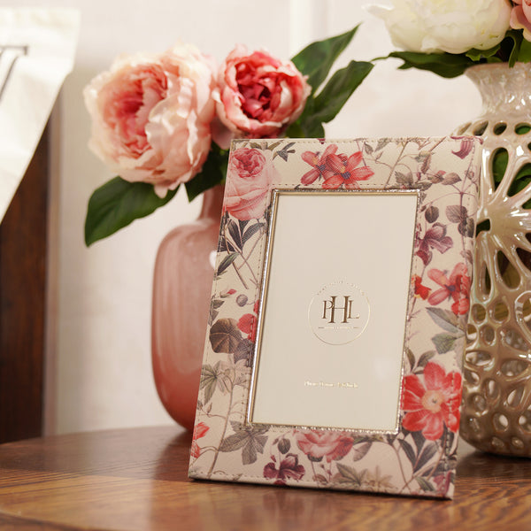 White and Pink Floral Print Faux Leather Photo Frame - Small