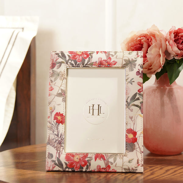 White and Pink Floral Print Faux Leather Photo Frame - Large