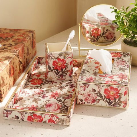 Set Of 3 Pink Floral Faux Leather Bathroom Accessories
