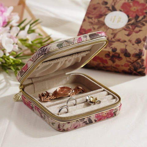 Pink Floral Print Square Faux Leather Travel Jewellery Box
