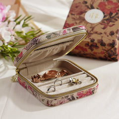 Pink Floral Print Square Faux Leather Travel Jewellery Box
