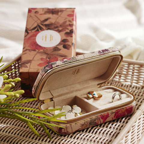 Pink Floral Rectangle Faux Leather Travel Jewellery Box