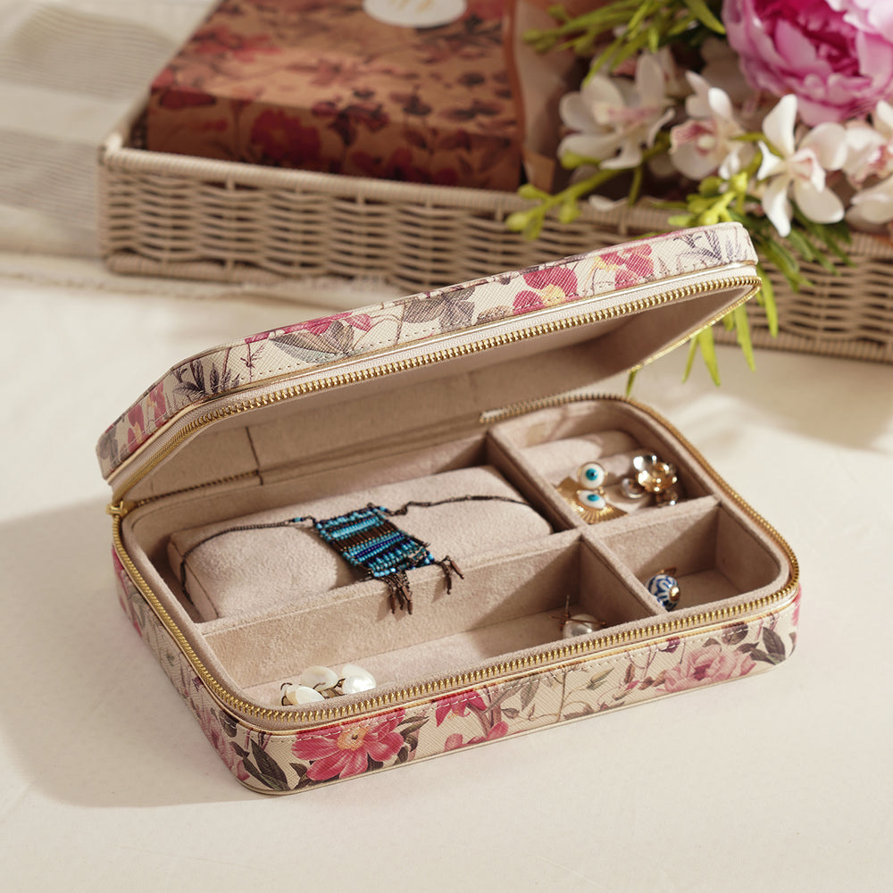 Pink Floral Faux Leather Travel Jewellery Box