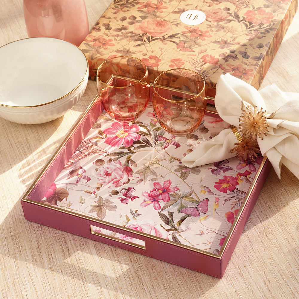 Pink Floral Print Square Faux Leather Tray